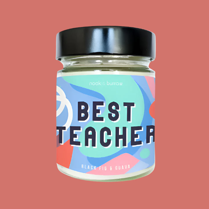 Jar with a colorful label reading 'Best Teacher' on a white background