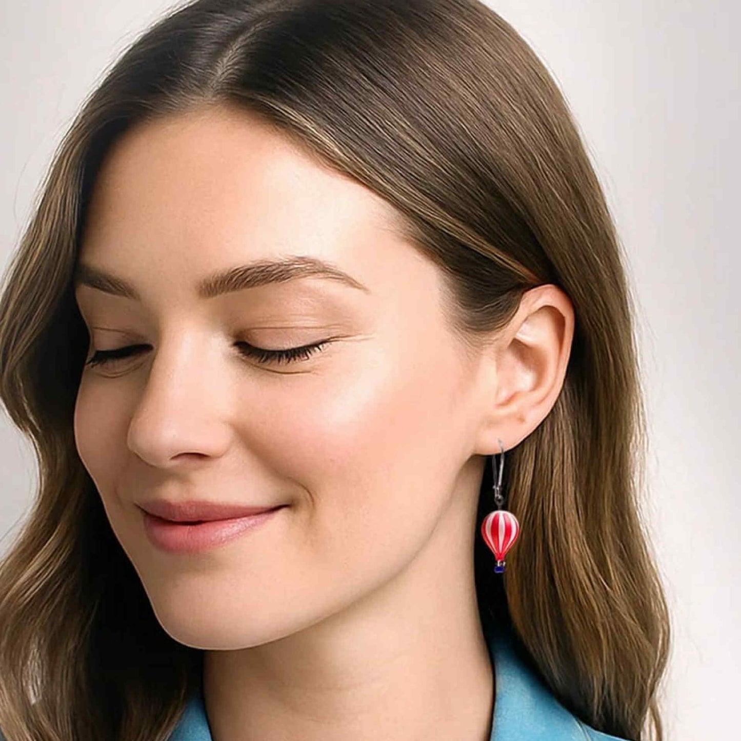 CLAIRE ISHINO- 3D Printed Resin Hot Air Balloon Earrings - Red & White Stripes with Glass Bead Basket