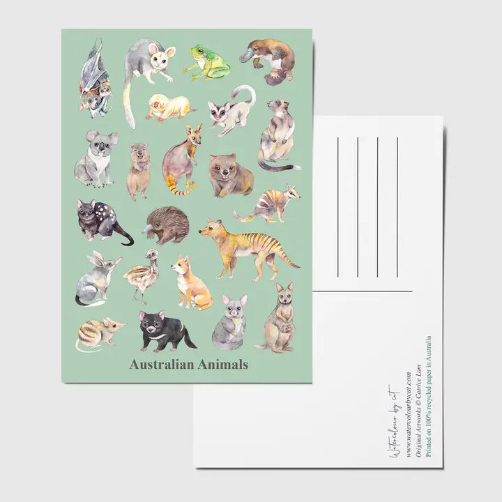 WATERCOLOURS BY CAT- Australian Animals - Recycled Postcard