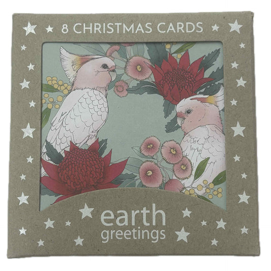 EARTH GREETINGS- Boxed Christmas Cards (Square) - Pink Cockatoo Wreath