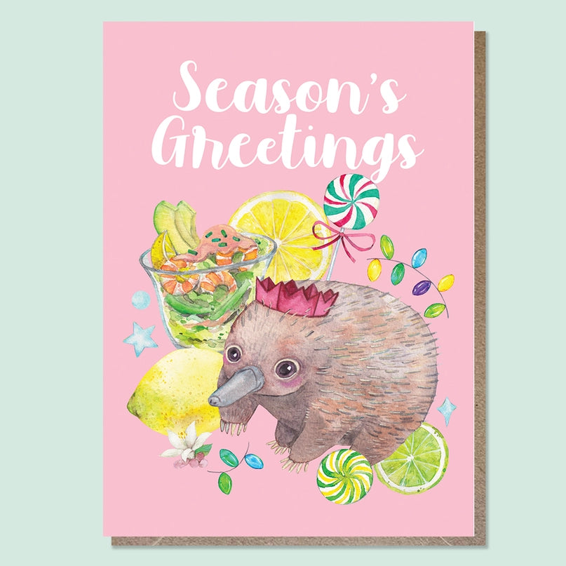 WATERCOLOURS BY CAT- AUSSIE ANIMAL & FOOD CHRISTMAS CARDS- Echidna & Prawn Cocktail