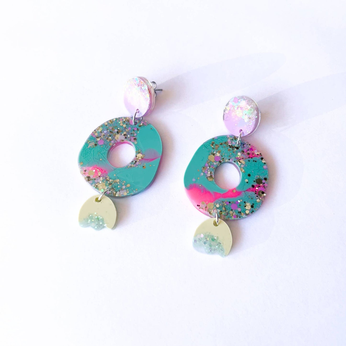 Isla & Marigold- Teal Glitter Resin Organic Donut Dangle  Stud Earrings