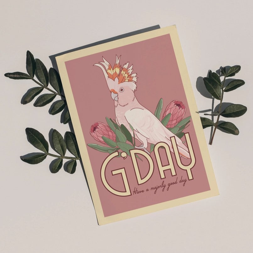 Green Mini Creative - Postcard- Major Mitchell Pink Cockatoo: "Have a Majorly Good Day"