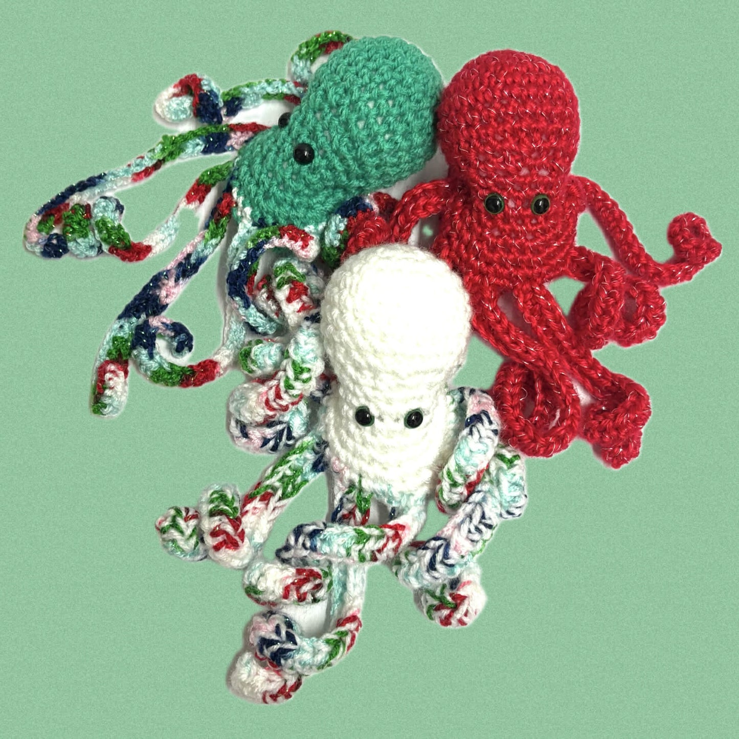 BEAKNITS- CHRISTMAS CROCHETED OCTOPUS - Glittery Red, White and Green, green head