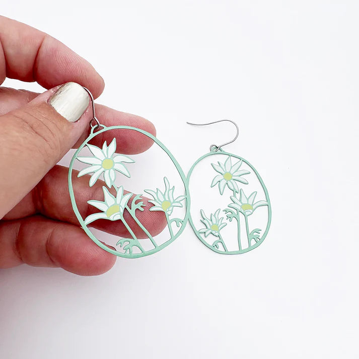 DENZ & CO- Midi Flannel Flower earrings in Green/White/Yellow - DANGLE EARRINGS