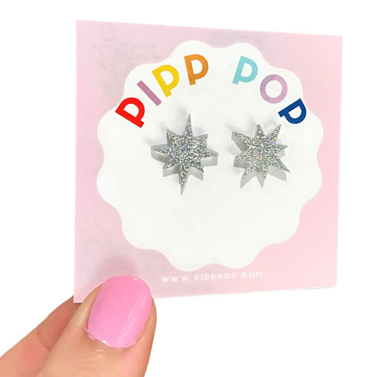 PIPP POP- Glitter Star Studs - Silver Holo Christmas Star