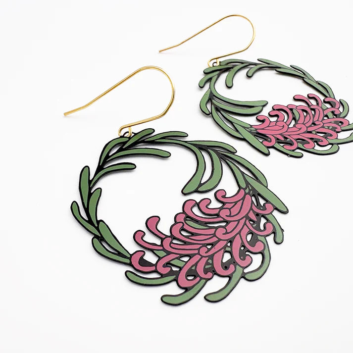 DENZ & CO- Grevillea Wreath earrings in Black/Green/Pink - DANGLE EARRINGS