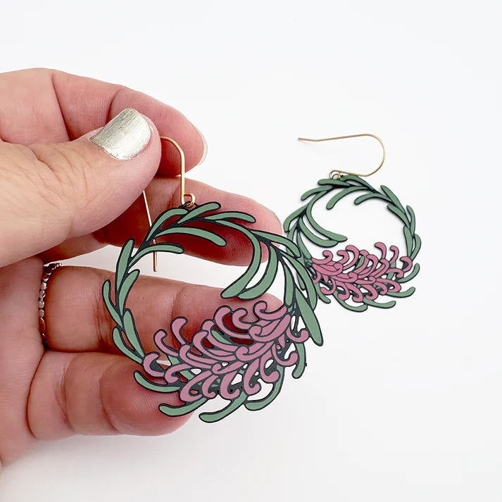 DENZ & CO- Grevillea Wreath earrings in Black/Green/Pink - DANGLE EARRINGS