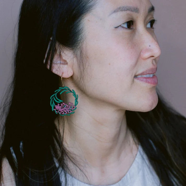 DENZ & CO- Grevillea Wreath earrings in Black/Green/Pink - DANGLE EARRINGS