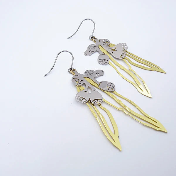 DENZ & CO- 2 Piece Gumnut & Leaf in Gold/Silver - DANGLE EARRINGS