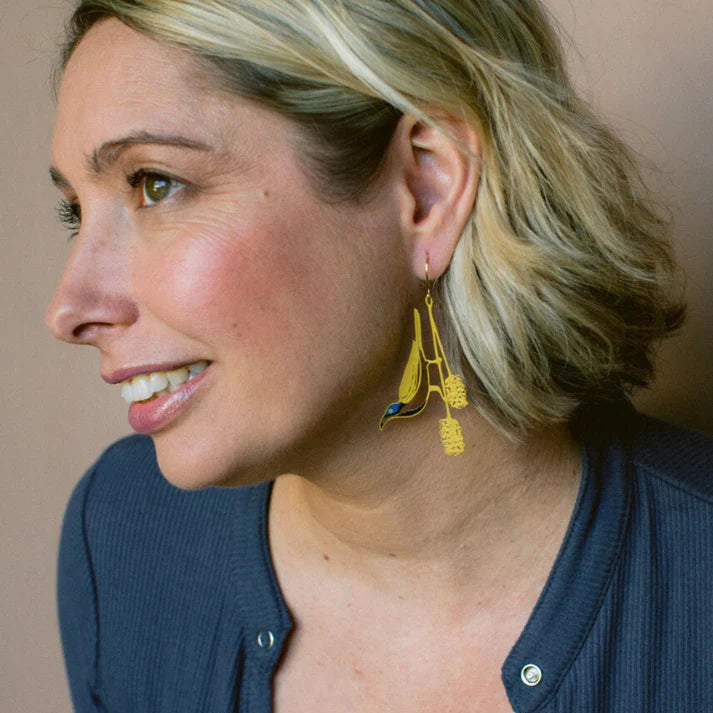 DENZ & CO - Blue Faced Honeyeater earrings in Honey/Blue/Black - DANGLE EARRINGS