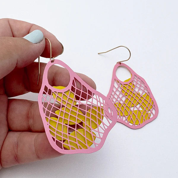 DENZ & CO - String Bag earrings in Pink with Lemons - DANGLE EARRINGS