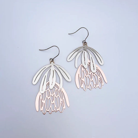 DENZ & CO- 2 Piece Protea flowers in Silver/Rose Gold - DANGLE EARRINGS