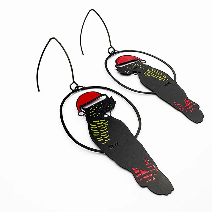 DENZ & CO- Christmas Red Tailed Cockatoos in Black/Red/Yellow - DANGLE EARRINGS