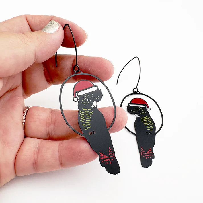 DENZ & CO- Christmas Red Tailed Cockatoos in Black/Red/Yellow - DANGLE EARRINGS