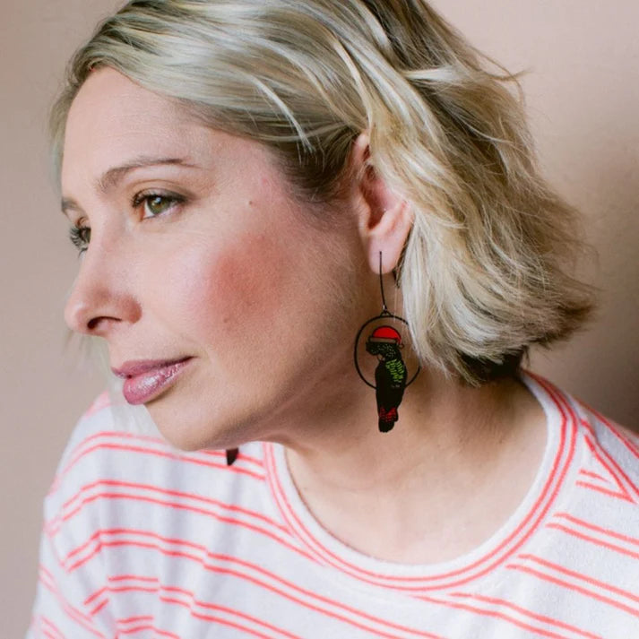 DENZ & CO- Christmas Red Tailed Cockatoos in Black/Red/Yellow - DANGLE EARRINGS