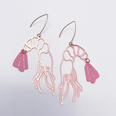 DENZ & CO - Prawns in Rose Gold + Pink dangle earrings
