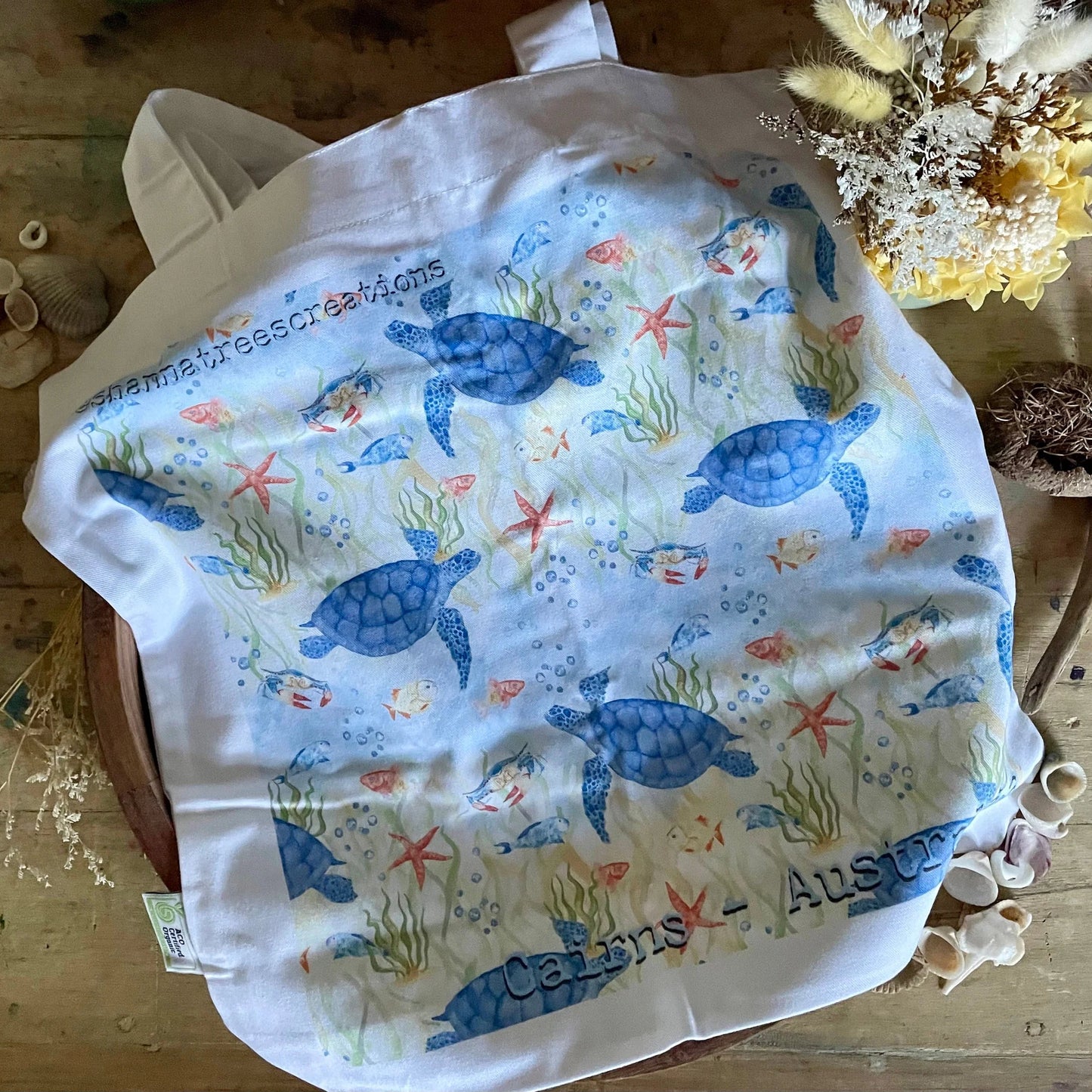 Shanna Trees Creations- "Turtles" Cotton Tote Bag- White
