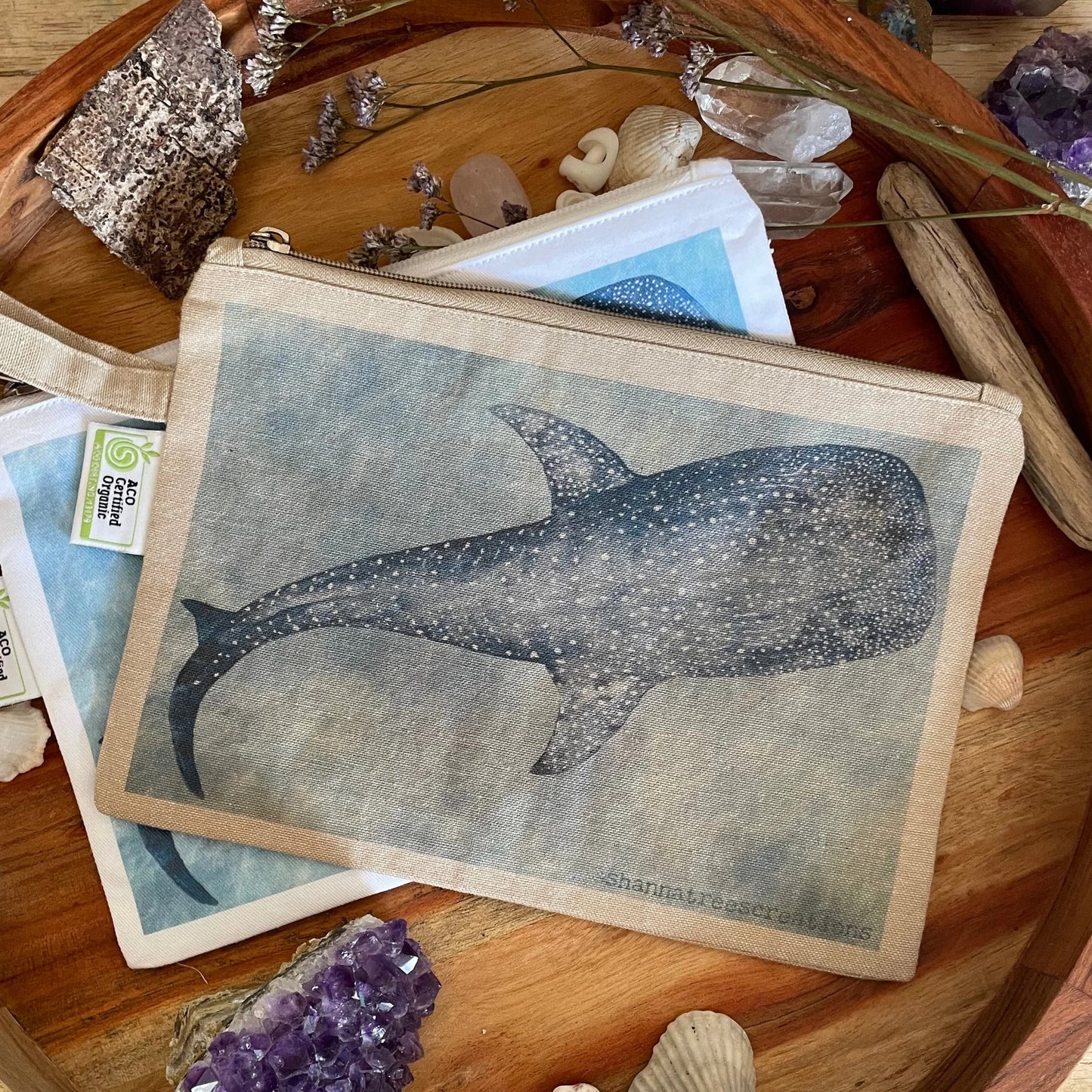 Shanna Trees Creations- "Whale Shark" Organic Cotton Zip Pouches- Natural