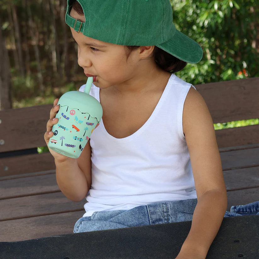 CHINO CLUB- Kids Mini Smoothie Cup & Straw- Aqua Skate