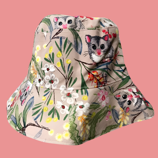 Teacups n Quilts- Beige Possum and Banksia Fabric Hat- Adult Size