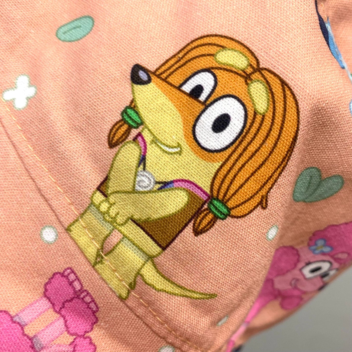 Teacups n Quilts- Bluey Characters Peach Fabric Hat- Kids Size Large