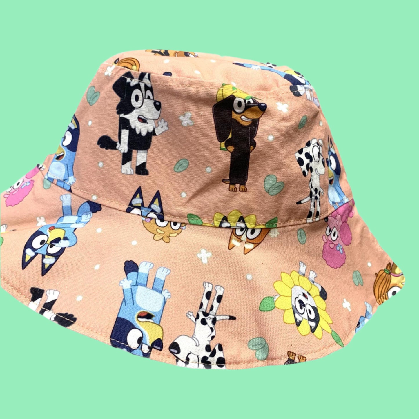Teacups n Quilts- Bluey Characters Peach Fabric Hat- Kids Size Large