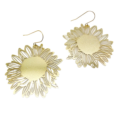 A pair of gold-colored dangle earrings with a sunflower design.