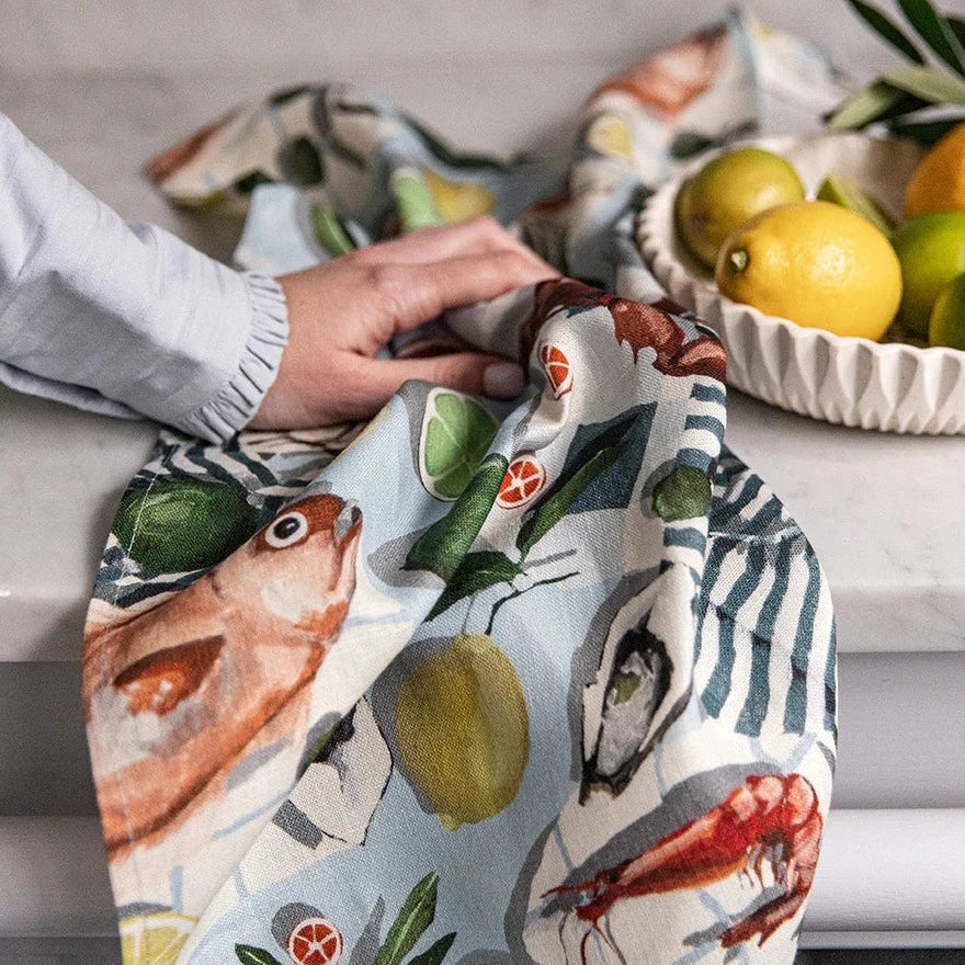 BESPOKE LETTERPRESS - "Fish & Citrus" Linen Tea Towels- Whitney Spicer
