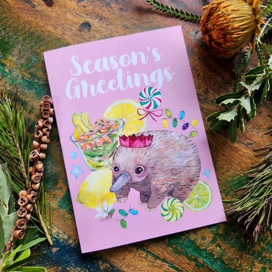 WATERCOLOURS BY CAT- AUSSIE ANIMAL & FOOD CHRISTMAS CARDS- Echidna & Prawn Cocktail