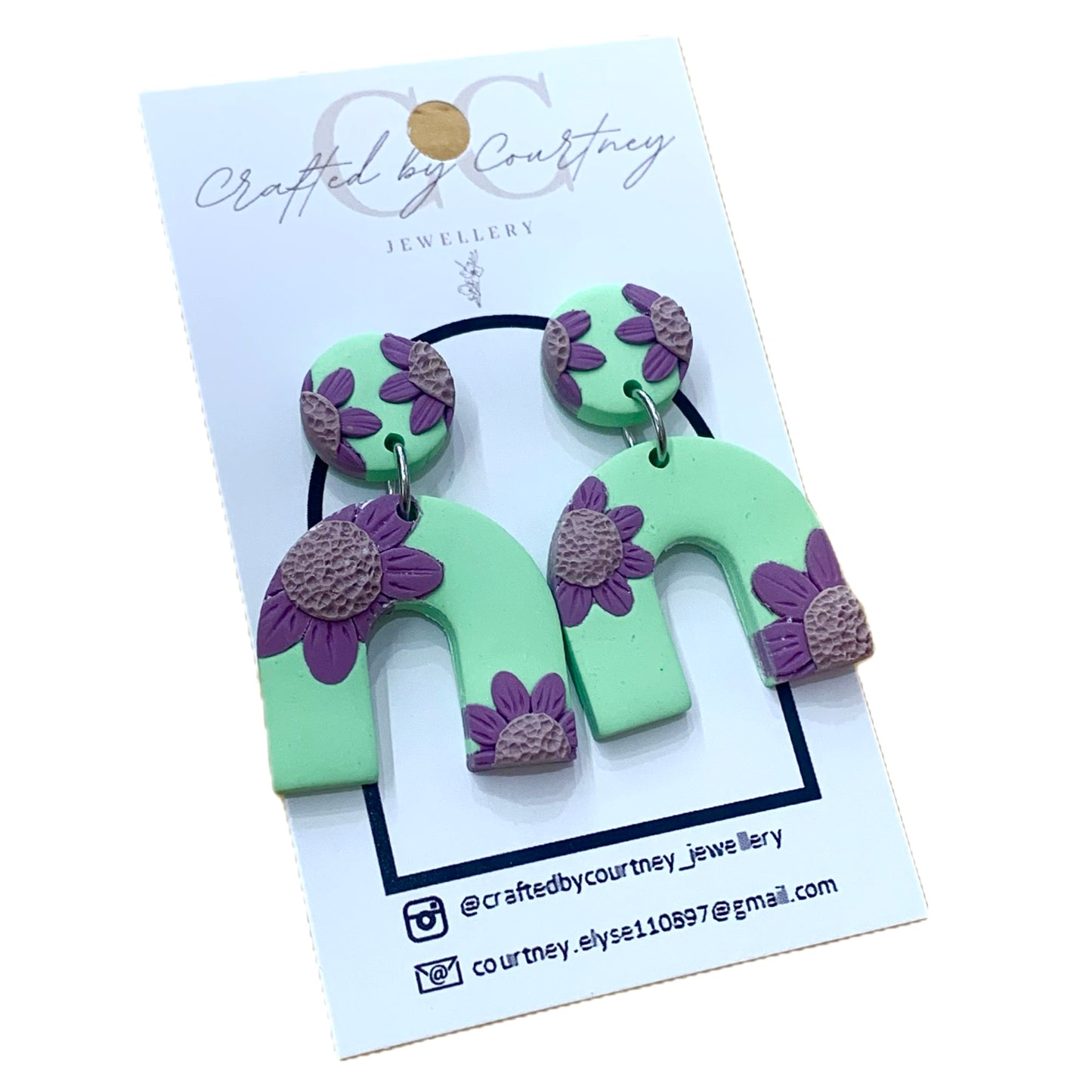 CRAFTED BY COURTNEY- Circle & Arch Dangles- Green & Purple Flowers