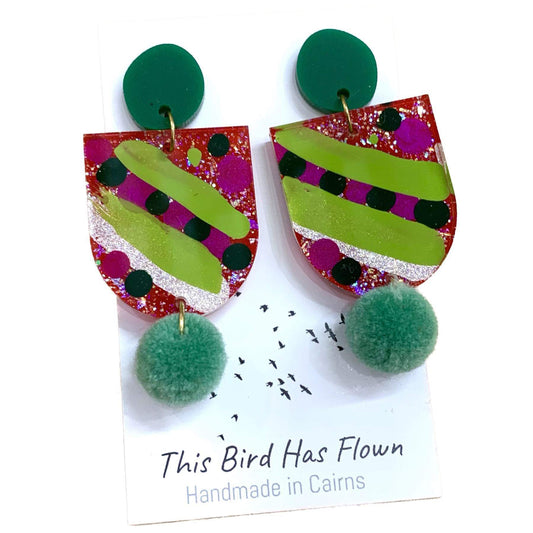 THIS BIRD HAS FLOWN- Funky Christmas Earrings- Arch/Pom Pom #1
