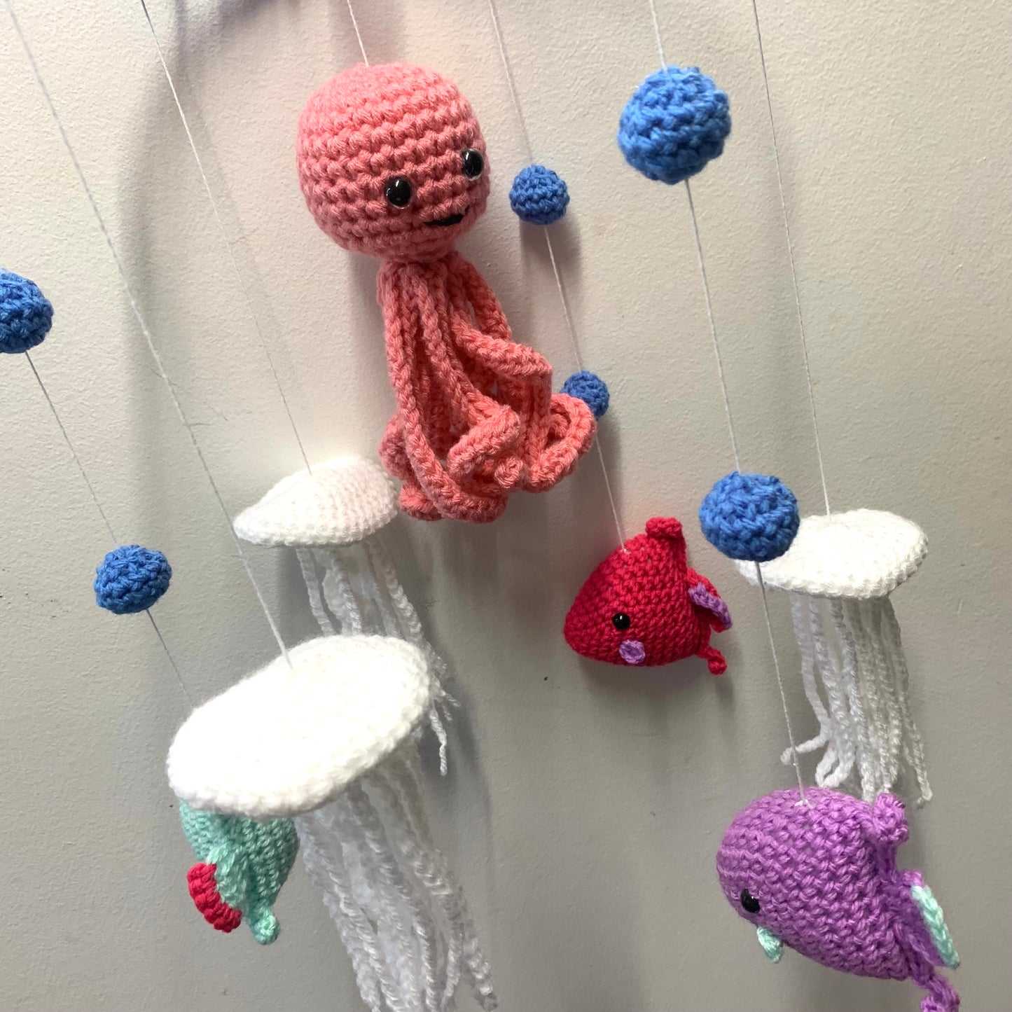 BEAKNITS- CROCHETED UNDER THE SEA MOBILE #4- Blue Ring with Pink Octopus