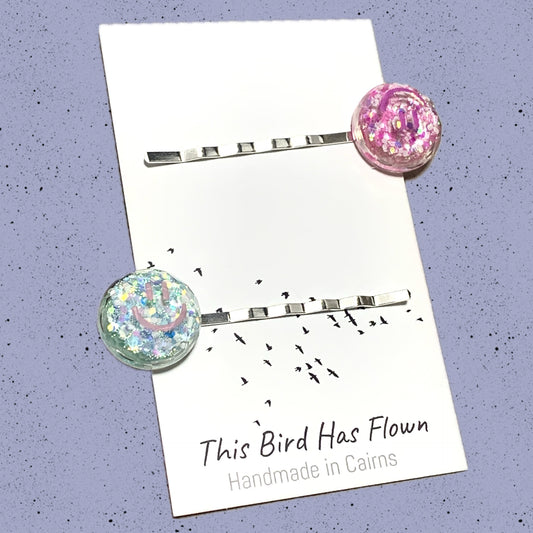 THIS BIRD HAS FLOWN - "Smiley Hairclips"- Blue & Pink
