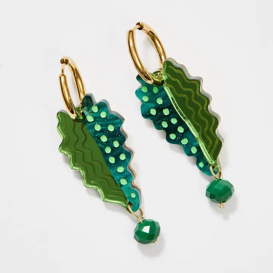 MARTHA JEAN - Leaf & Bead Earrings - Fern & Navy