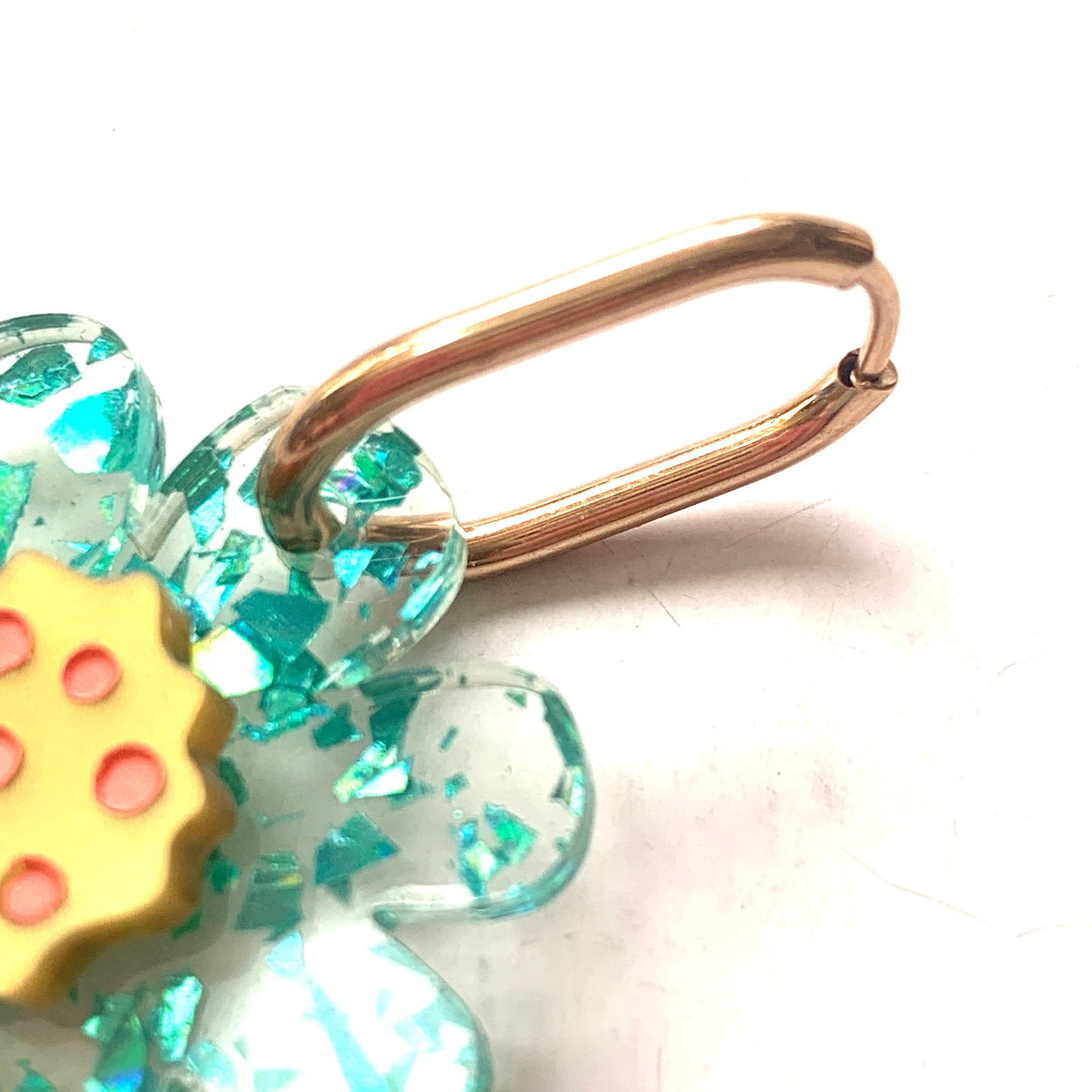 THIS BIRD HAS FLOWN - “Glitter Blooms- Aqua” HUGGIE HOOP CHARM EARRINGS