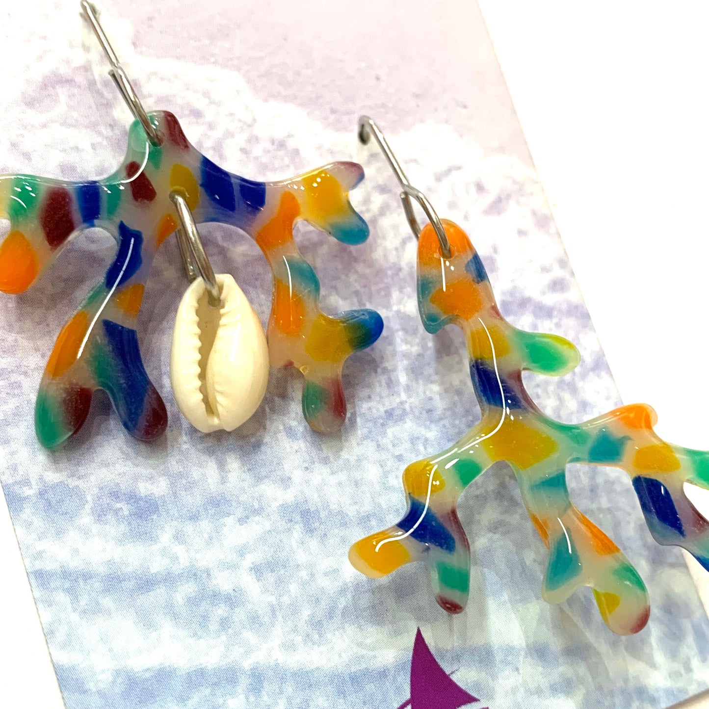 Sailvie Creations - Rainbow Coral with Shell Hook Dangle Earrings
