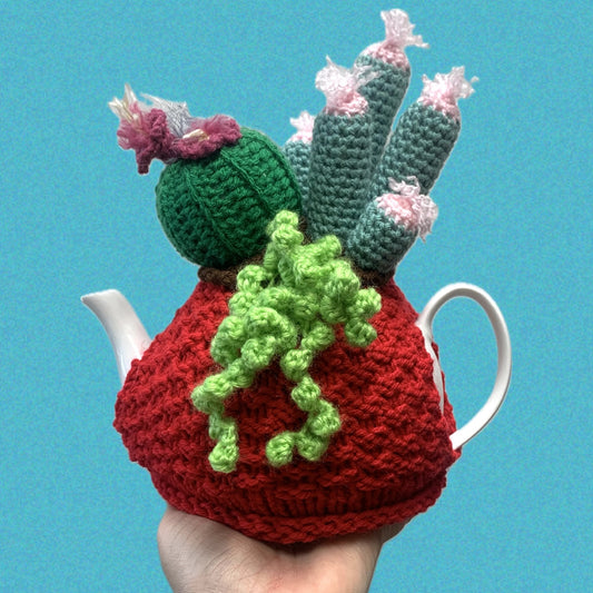 BEAKNITS- CROCHET TEA COSY - RED WITH CACTI, SUCCULENTS AND LADYBUGS