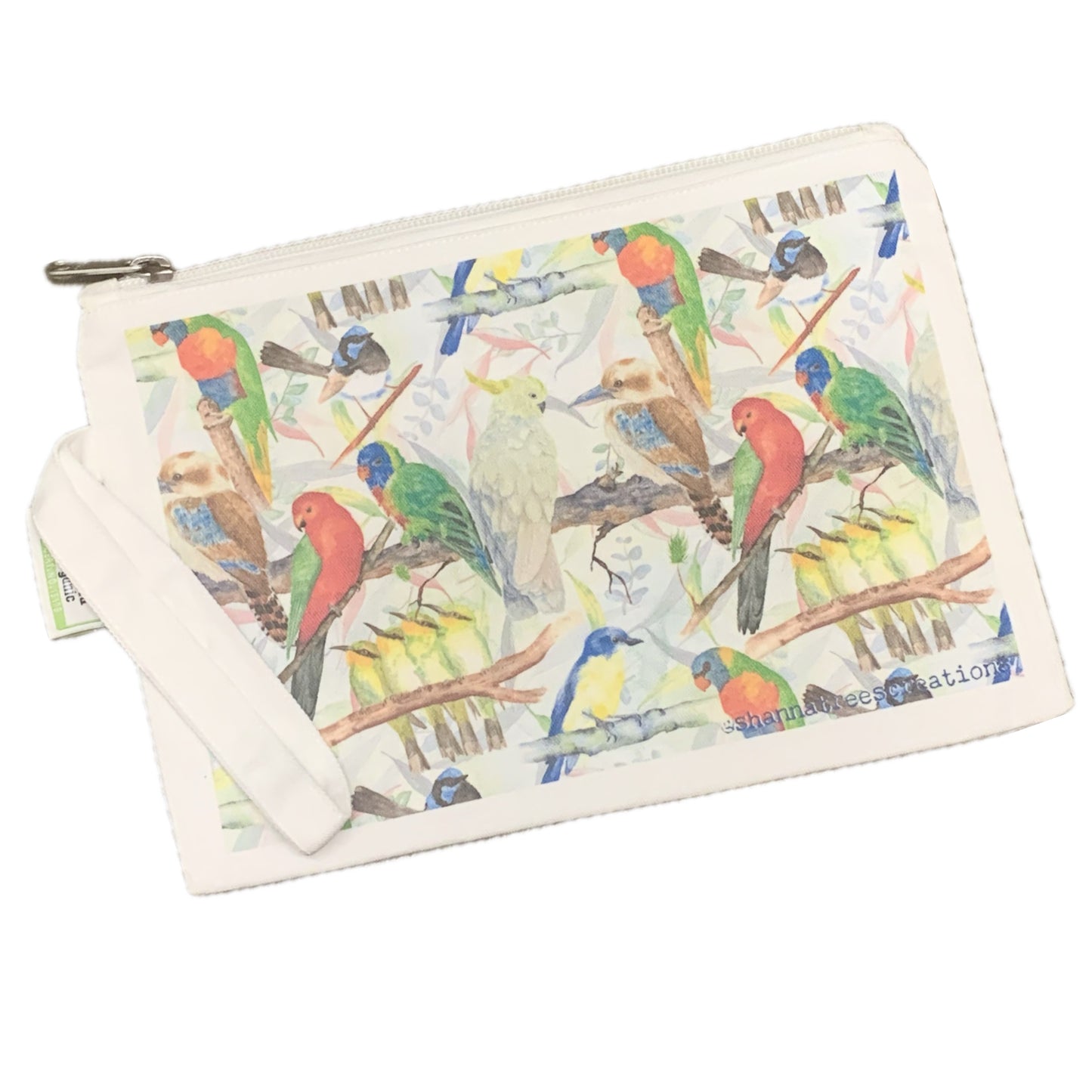 Shanna Trees Creations- "Australian Birds" Organic Cotton Zip Pouches- White