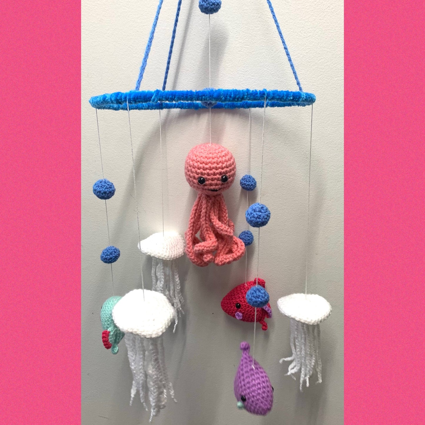 BEAKNITS- CROCHETED UNDER THE SEA MOBILE #4- Blue Ring with Pink Octopus