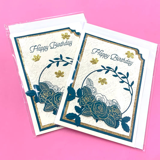 PAPER POSSUM- HANDMADE GREETING CARD- Teal & Gold Roses Birthday