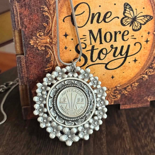 MOLLY MADE- Authentic 1955 Australian Threepence on Zamak Floral Pendant Necklace