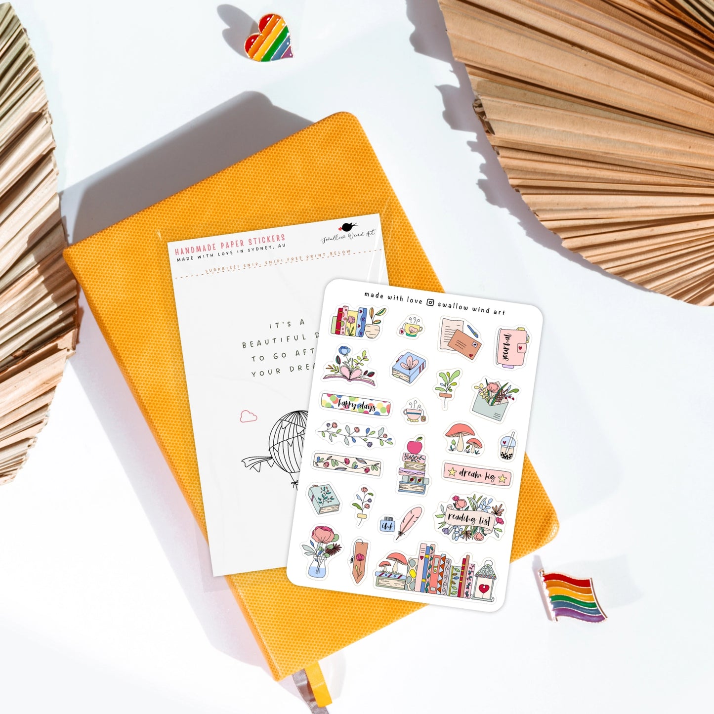 SWALLOW WIND ART - FLOWERS AND BOOKS - BULLET JOURNAL STICKER SHEET