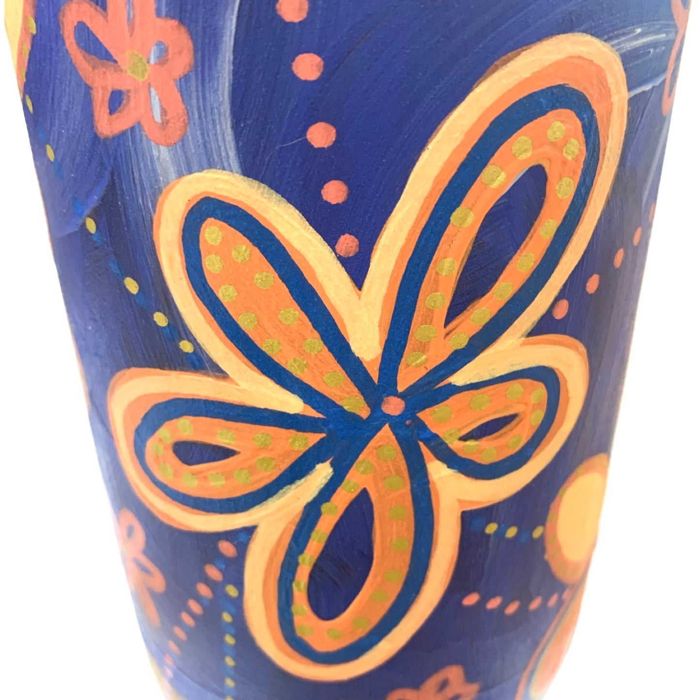 MAKIN' WHOOPEE - Large Cylinder Vase- Blue & Peach & Gold Flowers