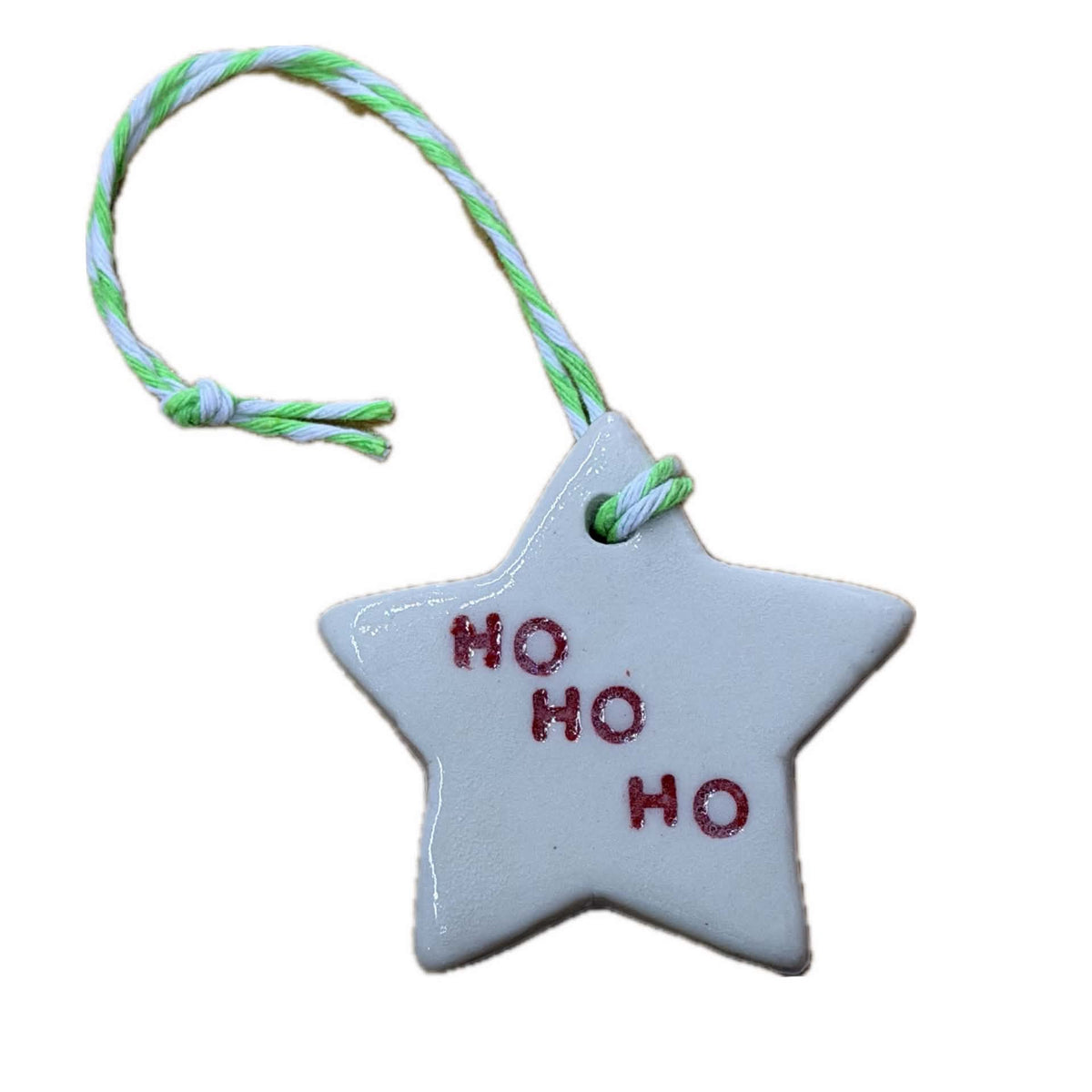 EARTH BY HAND- Clay Star Christmas Decorations- HO HO HO red writing