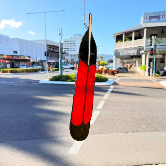 SWAN GLASS -RED TAILED BLACK COCKATOO FEATHER MALE - STAINED GLASS ORNAMENT