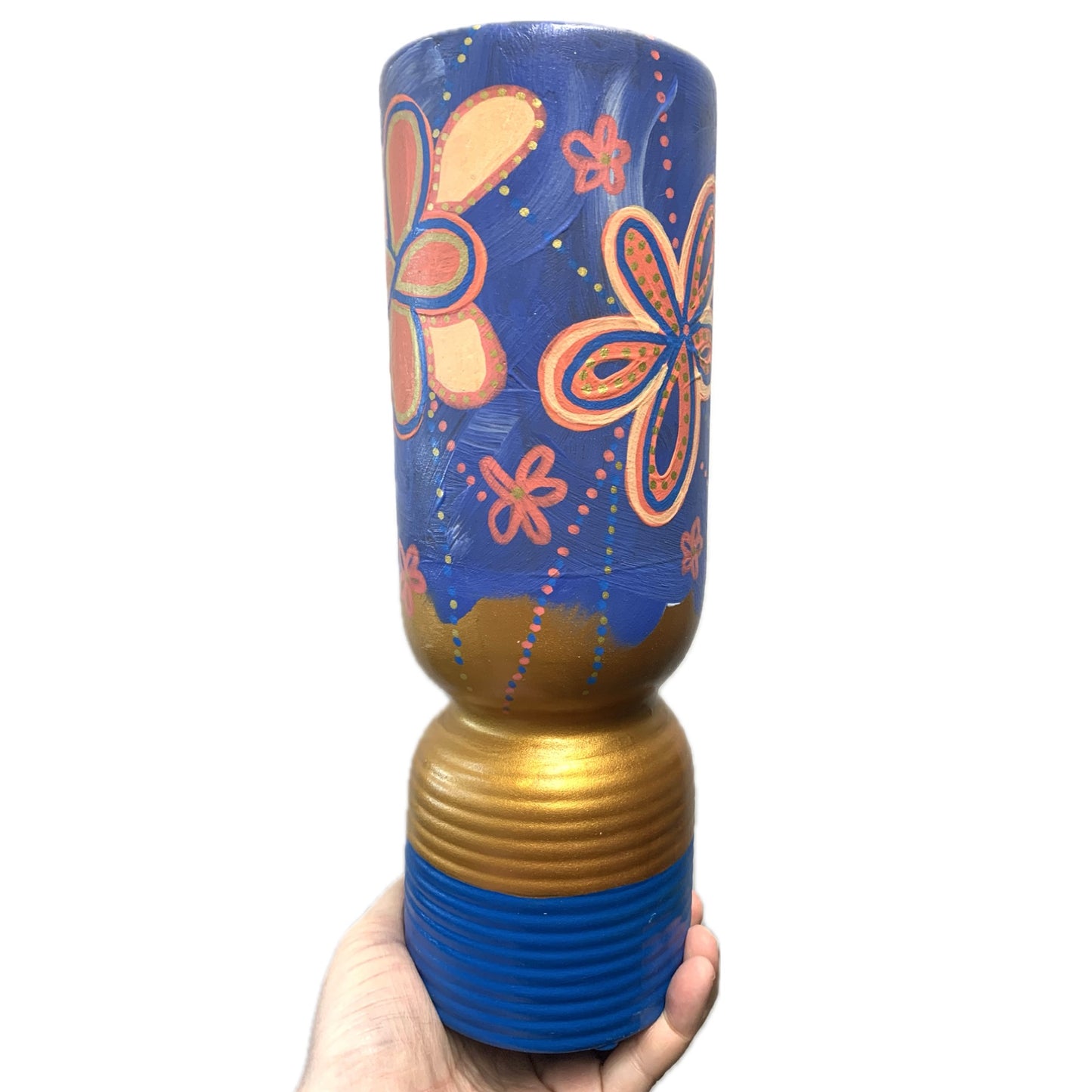 MAKIN' WHOOPEE - Large Cylinder Vase- Blue & Peach & Gold Flowers