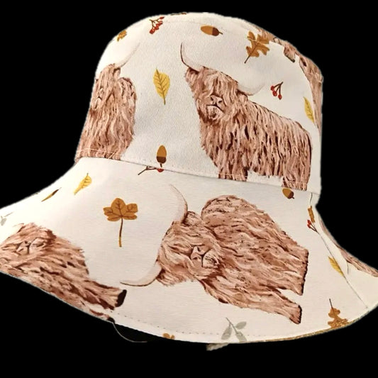 Teacups n Quilts - Highland Cows Fabric Hat - Small Adult/Large Child Size