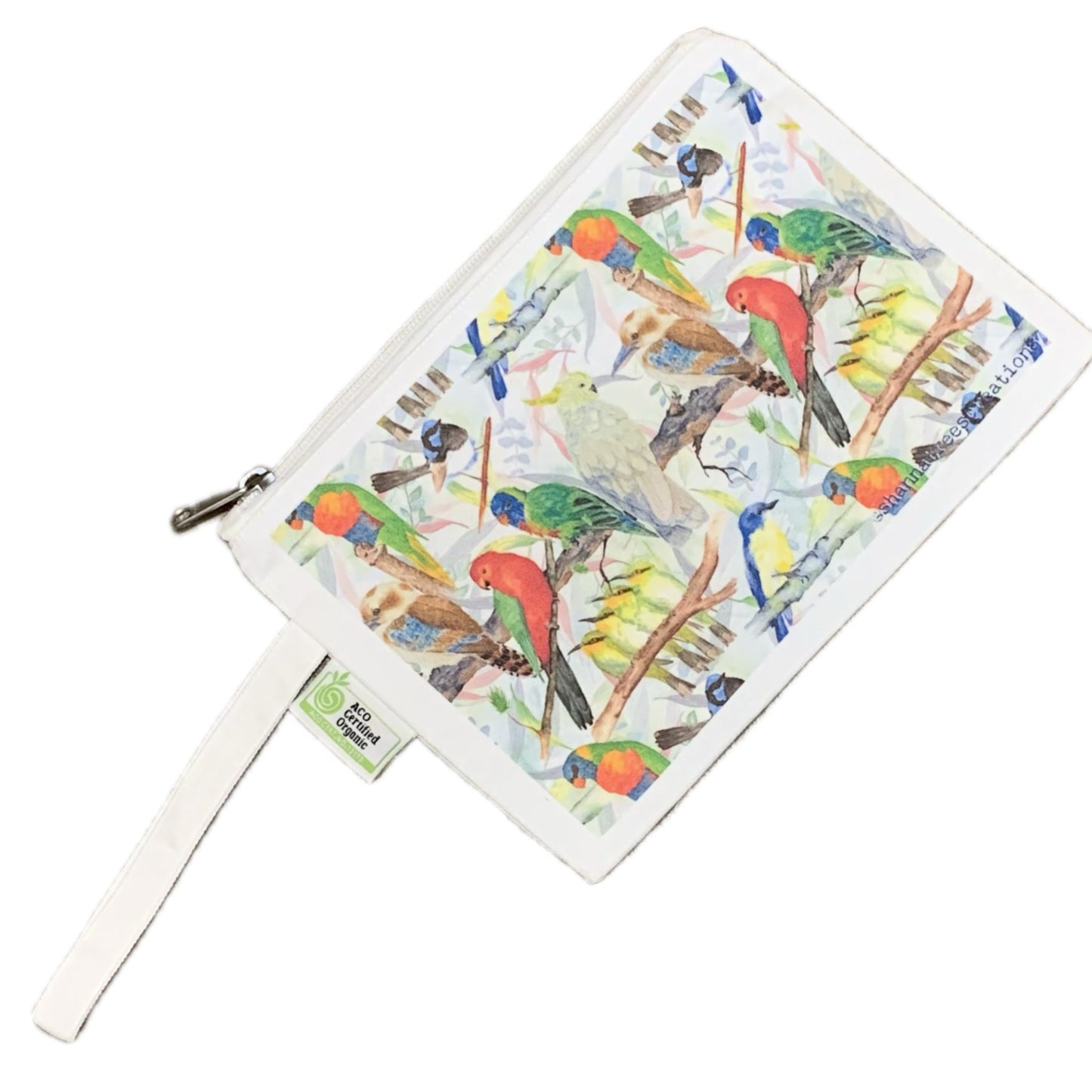 Shanna Trees Creations- "Australian Birds" Organic Cotton Zip Pouches- White