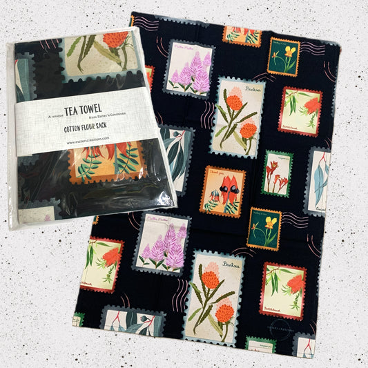 ESZTER'S CREATIONS - "Australian Wildflower Stamp Black"- Tea Towel
